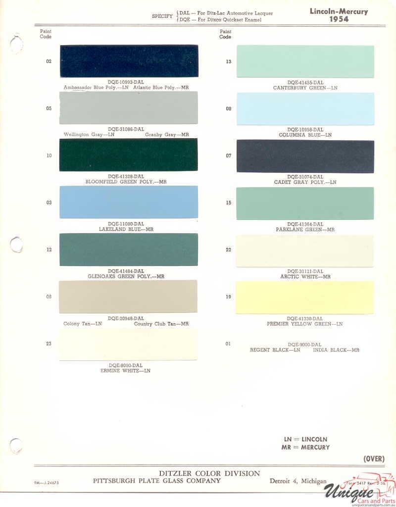 1954 Ford Paint Charts Lincoln And Mercury Paint Charts PPG 1